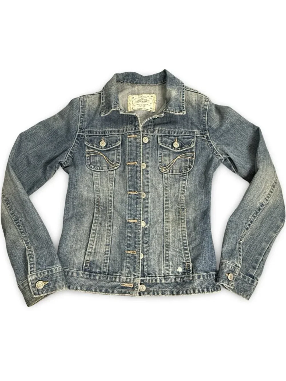 VTG Old Navy Denim Trucker Jean Jacket Girls XL Blue Y2K Stretch Pockets Casual